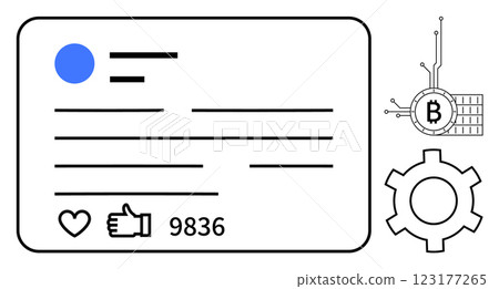 A social media post template featuring user engagement icons like a heart and thumbs-up alongside a digital Bitcoin symbol and a cogwheel. Ideal for social media, cryptocurrency, blockchain 123177265