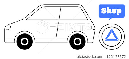 A simple black and white outline of a car parked next to a blue shopping icon and a circular emblem with a stylized triangle. Ideal for automotive themes commerce advertising design concepts 123177272