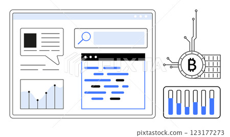 A browser window with charts, search bar, and text boxes. Ideal for cryptocurrency, blockchain technology, market analytics, financial data visualization, tech innovation. Minimalist flat design 123177273