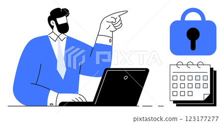 A businessman points while working on a laptop, with a security lock and calendar. Ideal for business planning, cybersecurity, time management, productivity, office settings. Clean minimalist style A businessman points while working on a laptop, with a security lock and calendar. Ideal for business planning, cybersecurity, time management, productivity, office settings. Clean minimalist style 123177277