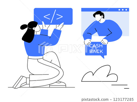 Two characters in a digital setting engage in activities. One shows a coding symbol tag while the other presents a cash back sign. Ideal for productivity, technology, finance, collaboration 123177285
