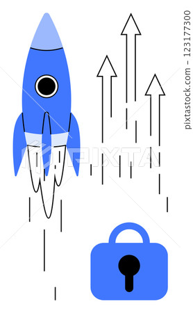 Rocket taking off with arrows pointing upwards and a padlock signifying security. Ideal for themes of innovation, growth, security, upward movement and technology. Simple flat style Rocket taking off with arrows pointing upwards and a padlock signifying security. Ideal for themes of innovation, growth, security, upward movement and technology. Simple flat style 123177300