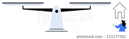 Simple representation of a person pointing at the scales and a house. Ideal for themes of work-life balance housework prioritization decision-making stability and equality. Minimalistic flat style 123177302