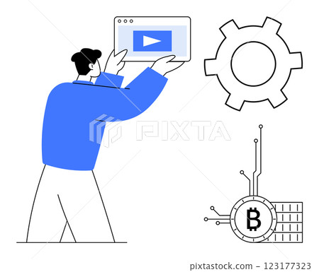 Man holding tablet, digital video, gear icon, and Bitcoin symbol on white background with blue accents. Ideal for technology, digital currency, online video, modern business, and innovation themes Man holding tablet, digital video, gear icon, and Bitcoin symbol on white background with blue accents. Ideal for technology, digital currency, online video, modern business, and innovation themes 123177323