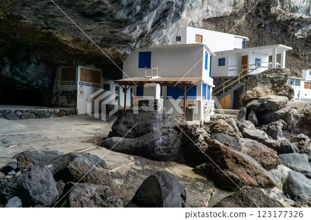 Iconic fishing village of Poris de Candelaria with cliff houses on the west coast of La Palma 123177326
