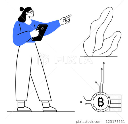 Woman holding a tablet points towards a Bitcoin symbol and an abstract plant. Ideal for finance, technology, digital currency, modern business, educational materials. Minimalistic vector style Woman holding a tablet points towards a Bitcoin symbol and an abstract plant. Ideal for finance, technology, digital currency, modern business, educational materials. Minimalistic vector style 123177331