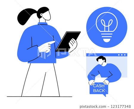 Person holding a tablet alongside a light bulb icon and another figure interacting with cashback text suggests technology, idea generation, and online finance. Ideal for digital marketing, online 123177348