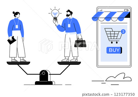 Two individuals stand on a seesaw, one holding a notebook and the other a lightbulb, with a smartphone showing a shopping cart and a buy button. Ideal for business, teamwork, e-commerce, balance Two individuals stand on a seesaw, one holding a notebook and the other a lightbulb, with a smartphone showing a shopping cart and a buy button. Ideal for business, teamwork, e-commerce, balance 123177350