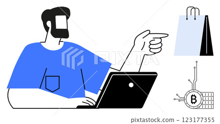 Man with a beard using a laptop and pointing towards a shopping bag and a Bitcoin symbol. Ideal for online shopping, e-commerce, digital transactions, cryptocurrency, technology topics. Minimalistic 123177355