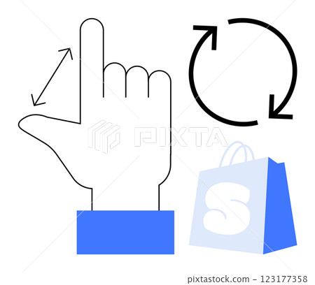 Hand showing a dimensional measurement gesture, a circular recycling symbol, and a shopping bag with a letter S. Ideal for retail, sustainability, shopping, environmental awareness, consumer 123177358