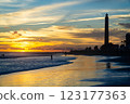 Lighthouse Faro de Maspalomas on Gran Canaria at Sunset During Blue Hour With Sea 123177363