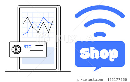A smartphone screen with a Bitcoin chart and a credit card symbol alongside a blue shop sign with a wireless symbol. Ideal for technology, cryptocurrency, e-commerce, online shopping, digital 123177366