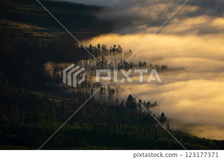 Aerial view of breathtaking sunset with clouds slowly rolling over the treeline Aerial view of breathtaking sunset with clouds slowly rolling over the treeline 123177371