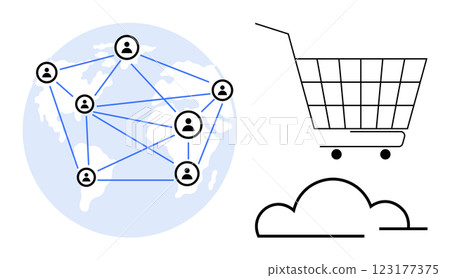 Two main elements, a connected network of people over a map of the world and a shopping cart with a cloud. Ideal for online business, globalization of trade, cloud storage, digital marketing Two main elements, a connected network of people over a map of the world and a shopping cart with a cloud. Ideal for online business, globalization of trade, cloud storage, digital marketing 123177375