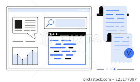 Several interface components like graphs, search bars, reports, and text on screens. Ideal for data analysis, information processing, business reports, digital documentation, and workflow Several interface components like graphs, search bars, reports, and text on screens. Ideal for data analysis, information processing, business reports, digital documentation, and workflow 123177397