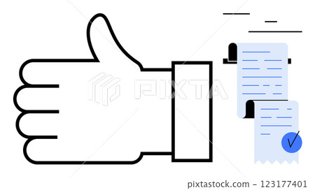 Large thumbs up and a sheet of paper with a blue checkmark. Ideal for concepts of approval, positive feedback, validation, task completion, and achievement. Minimalist flat style, easy to understand 123177401