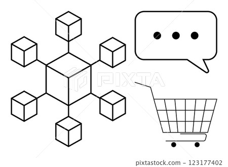 Geometric network with central cube and connected cubes, speech bubble with three dots, and shopping cart outline. Ideal for technology, communication, e-commerce, networking, minimalism themes Geometric network with central cube and connected cubes, speech bubble with three dots, and shopping cart outline. Ideal for technology, communication, e-commerce, networking, minimalism themes 123177402