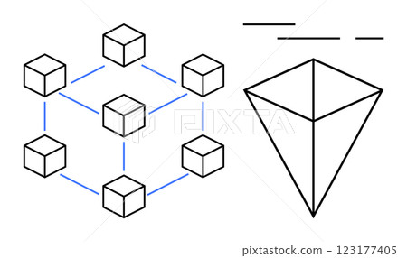 Geometric cubes connected by lines on the left and a hierarchical pyramid shape on the right. Ideal for technology, blockchain, network, structure, minimalism themes. Simple line art style Geometric cubes connected by lines on the left and a hierarchical pyramid shape on the right. Ideal for technology, blockchain, network, structure, minimalism themes. Simple line art style 123177405