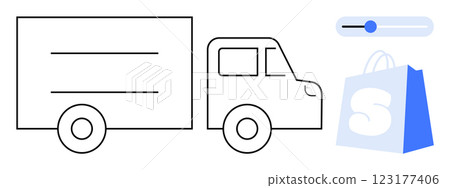 Simple vector showing a delivery truck, a shopping bag with an S on it, and a toggle button. Ideal for e-commerce, online shopping, delivery services, logistics, and digital transactions. Minimalist Simple vector showing a delivery truck, a shopping bag with an S on it, and a toggle button. Ideal for e-commerce, online shopping, delivery services, logistics, and digital transactions. Minimalist 123177406