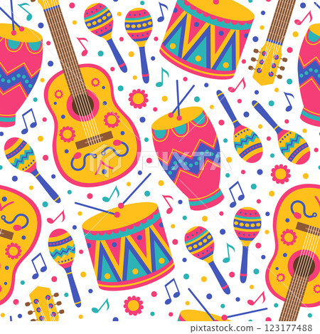 Colorful seamless pattern with guitars, drums, drumsticks, maracas and notes. Ethnic musical instruments for Brazil carnival, music festival. Vector flat illustration for wallpaper, textile, packaging 123177488