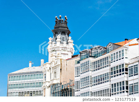 Low angle of white facades with glazed balconies on Avenida de Marina, A Coruna, Galicia Low angle of white facades with glazed balconies on Avenida de Marina, A Coruna, Galicia 123177519