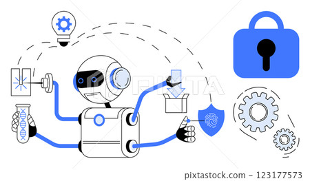 A robot engages in various activities including data security and innovation. Ideal for artificial intelligence, robotics, cybersecurity, innovation, and technology. Modern vector art style in blue A robot engages in various activities including data security and innovation. Ideal for artificial intelligence, robotics, cybersecurity, innovation, and technology. Modern vector art style in blue 123177573