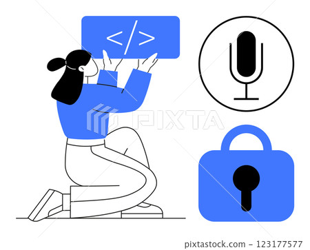 Woman holding coding symbol in blue outfit kneeling. Next to code icon, microphone icon, and lock icon. Ideal for technology, coding, software, podcasting, cybersecurity, data protection, web 123177577