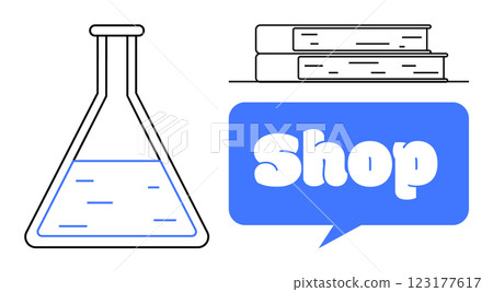 Two books are stacked above a line, and beside them is a speech bubble with the word Shop in it. A laboratory flask with a liquid inside stands out. Ideal for educational content, online bookstores Two books are stacked above a line, and beside them is a speech bubble with the word Shop in it. A laboratory flask with a liquid inside stands out. Ideal for educational content, online bookstores 123177617