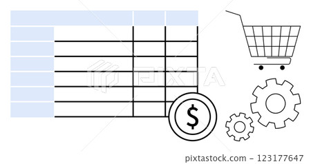 A shopping cart, dollar sign, and gears align with a spreadsheet. Ideal for e-commerce, financial management, budgeting, data analysis, and business processes. Colourful vector art, minimalistic 123177647