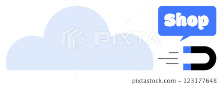 Blue cloud and magnet with word shop. Ideal for e-commerce, marketing, attracting customers, online shopping, sales promotion. Simplistic flat design style 123177648