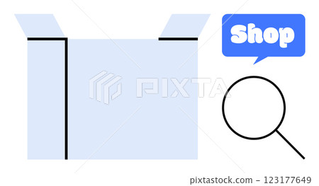 Opened cardboard box with search icon and shop text in blue speech bubble. Ideal for shopping, e-commerce, delivery, online stores, customer service. Simple vector style Opened cardboard box with search icon and shop text in blue speech bubble. Ideal for shopping, e-commerce, delivery, online stores, customer service. Simple vector style 123177649