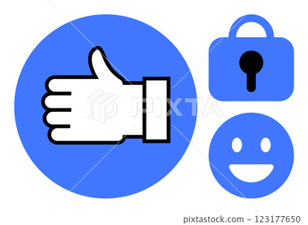 Thumbs up sign within blue circle, lock icon, and happy face symbol. Ideal for social media, security, positive vibes, communication, and internet themes. Simple vector design, blue and white colors Thumbs up sign within blue circle, lock icon, and happy face symbol. Ideal for social media, security, positive vibes, communication, and internet themes. Simple vector design, blue and white colors 123177650