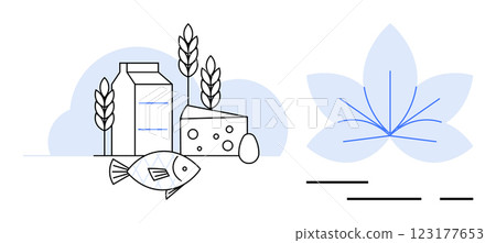 A fish, milk carton, cheese, egg, and wheat plants are arranged in a neat composition next to a stylized blue flower. Ideal for nutrition healthy diet balanced eating health food lifestyle design A fish, milk carton, cheese, egg, and wheat plants are arranged in a neat composition next to a stylized blue flower. Ideal for nutrition healthy diet balanced eating health food lifestyle design 123177653