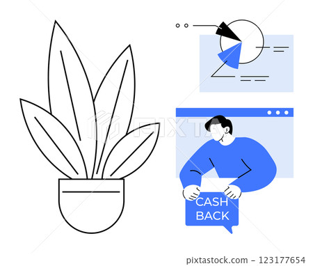 Potted plant, man holding cash back sign, and analytical graph symbol. Ideal for business, finance, growth, rewards, and data analysis themes. Simple, modern, and vector style 123177654