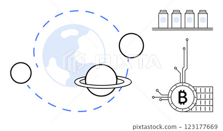 A futuristic space system with planets orbited by rings, shelves with jars on the right, and a digital Bitcoin symbol connected to circuitry. Ideal for technology, finance, cryptocurrency A futuristic space system with planets orbited by rings, shelves with jars on the right, and a digital Bitcoin symbol connected to circuitry. Ideal for technology, finance, cryptocurrency 123177669