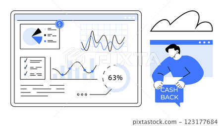 A digital dashboard showing charts and graphs related to financial data. To the side a person holds a cashback sign. Ideal for finance data analytics cashback offers business performance online tools A digital dashboard showing charts and graphs related to financial data. To the side a person holds a cashback sign. Ideal for finance data analytics cashback offers business performance online tools 123177684