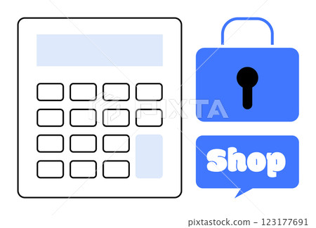 A calculator next to a padlock with the word shop. Ideal for e-commerce security online transactions financial management secure payment system and online shopping. Simple and modern style A calculator next to a padlock with the word shop. Ideal for e-commerce security online transactions financial management secure payment system and online shopping. Simple and modern style 123177691