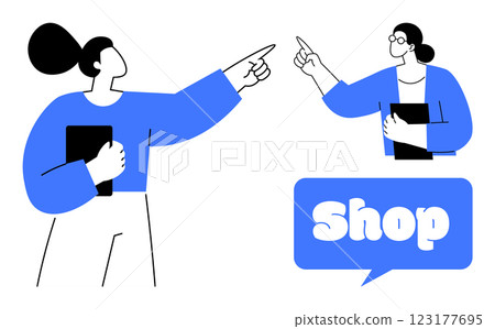 Two people are pointing towards a speech bubble with the word Shop. One holds a tablet, both wear glasses. Simple modern graphic style. Ideal for e-commerce, marketing, promotions, online shopping Two people are pointing towards a speech bubble with the word Shop. One holds a tablet, both wear glasses. Simple modern graphic style. Ideal for e-commerce, marketing, promotions, online shopping 123177695