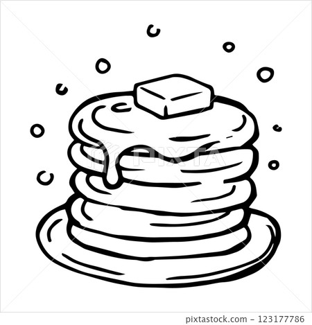 homemade breakfast with pancakes. vector illustration in doodle style 123177786