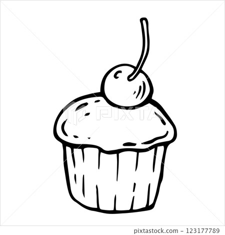 cupcake with cherry. vector illustration in doodle style 123177789
