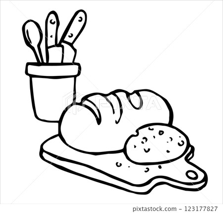 bread on a cutting board, kitchen utensils. vector illustration in doodle style bread on a cutting board, kitchen utensils. vector illustration in doodle style 123177827