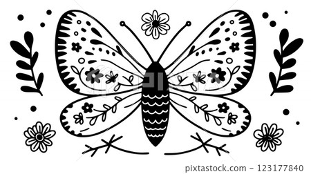 mystical moth in boho style. vector doodle illustration. 123177840