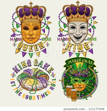 Carnival Mardi Gras labels with masquerade masks, crown, festive food king cake, beer, beads, glossy text. Vintage illustrations on white background. For prints, clothing, t shirt, holiday design 123177846