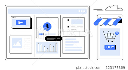 Two digital screens with graphs, charts and media elements like videos, a shopping cart and a buy button. Ideal for e-commerce, online shopping, digital marketing, website analytics and mobile apps Two digital screens with graphs, charts and media elements like videos, a shopping cart and a buy button. Ideal for e-commerce, online shopping, digital marketing, website analytics and mobile apps 123177869
