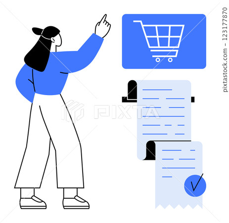 A person pointing at a shopping cart icon alongside a long receipt with a checkmark. Ideal for e-commerce, online shopping, retail marketing, digital transactions, consumer experience. Modern vector 123177870