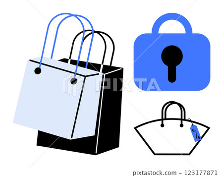 Shopping bags in black and blue colors with a blue lock symbol. Ideal for online shopping e-commerce security retail marketing consumer protection. Minimalistic clean style Shopping bags in black and blue colors with a blue lock symbol. Ideal for online shopping e-commerce security retail marketing consumer protection. Minimalistic clean style 123177871