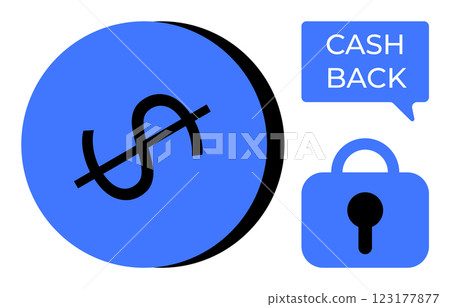 Large dollar sign, speech bubble with Cash Back text, and security lock on right. Ideal for finance, banking, savings, rewards programs, online security. Simplistic and modern style 123177877