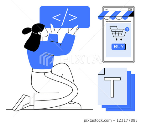 Woman holding a code snippet, representing software development. Alongside a mobile device with a shopping cart and typography tools. Ideal for web development, e-commerce, online shopping, coding 123177885