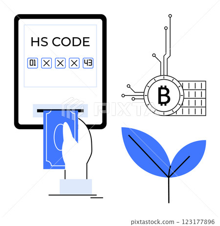 Hand inserting cash into a slot marked HS Code. Nearby, a Bitcoin symbol with circuitry and a green leaf. Ideal for finance, cryptocurrency, environmental sustainability, technology, and global 123177896