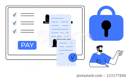 A digital payment interface with a Pay button, checkmarks, payment receipts, a secure padlock icon, and a male figure pointing. Ideal for online transactions, payment security, digital receipts, user A digital payment interface with a Pay button, checkmarks, payment receipts, a secure padlock icon, and a male figure pointing. Ideal for online transactions, payment security, digital receipts, user 123177898